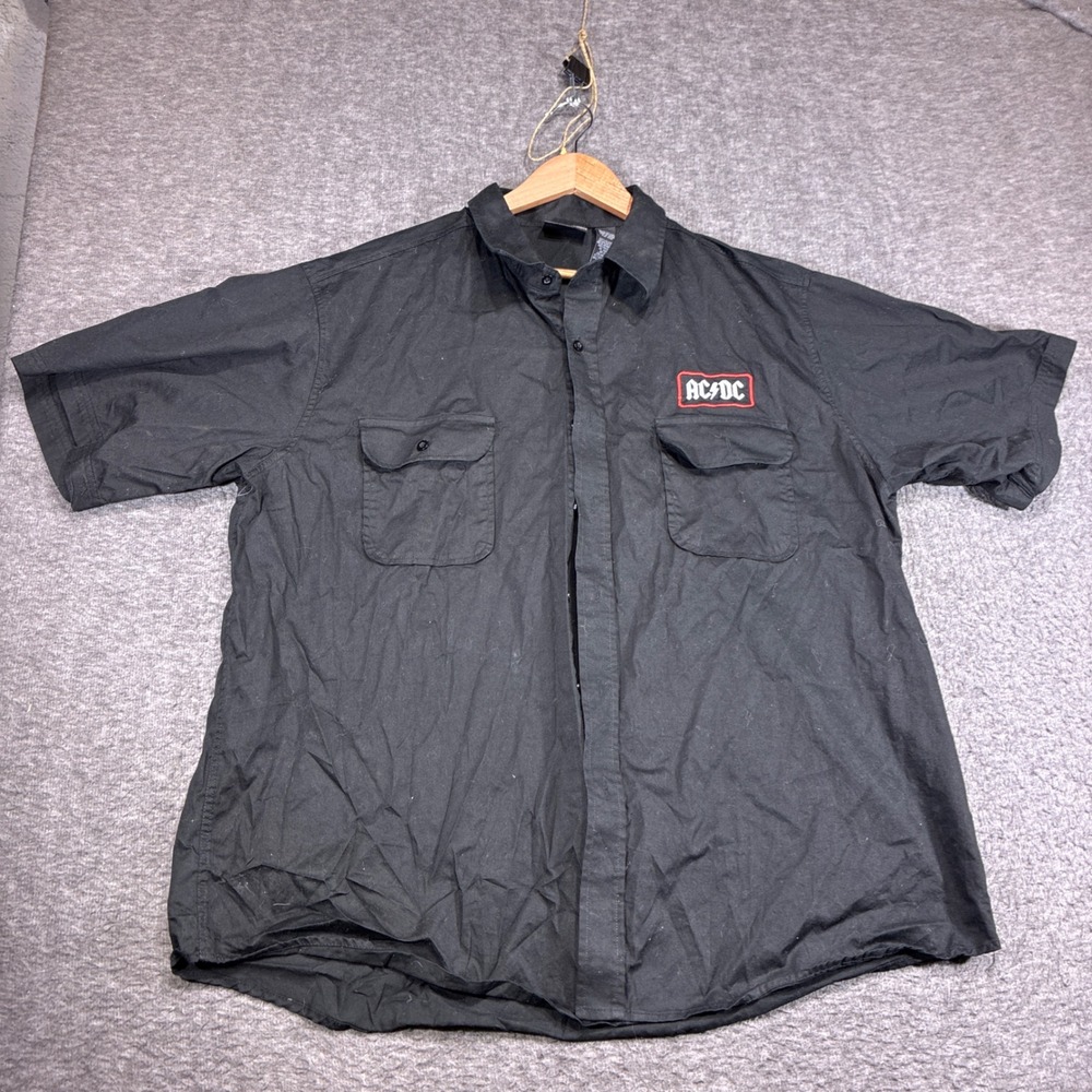 AC/DC Button Up Work Shirt Mens XL Black Short Sleeve Distressed Graphic